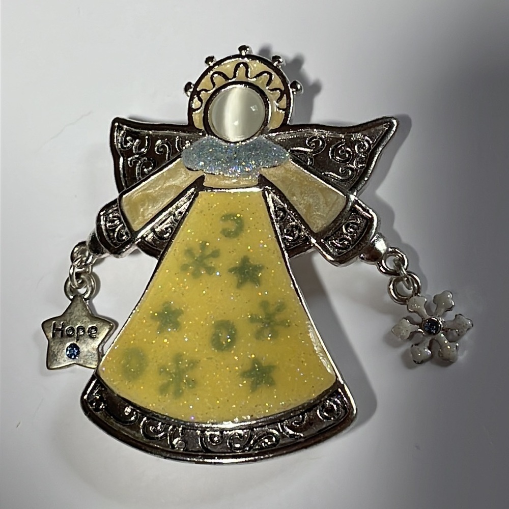 Vintage Angel brooch pastel yellow enamel silver pin.